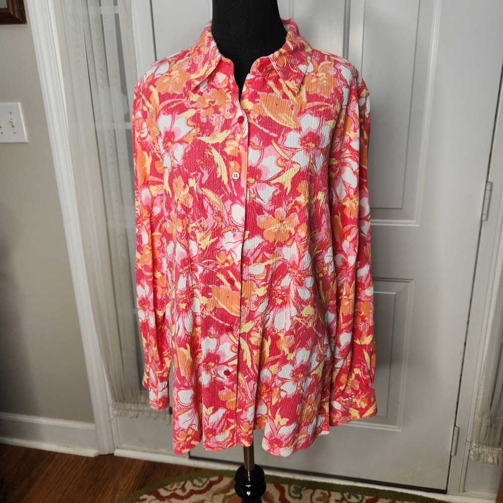 Appleseeds Long Sleeve Button Up Floral Pink Orange XL